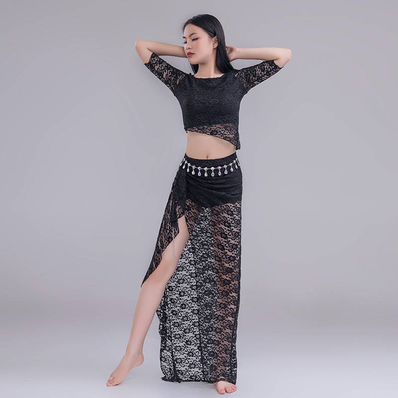 Large size lace belly dance practice suit set long skirt Oriental dance performance new sexy dance exercise clothing