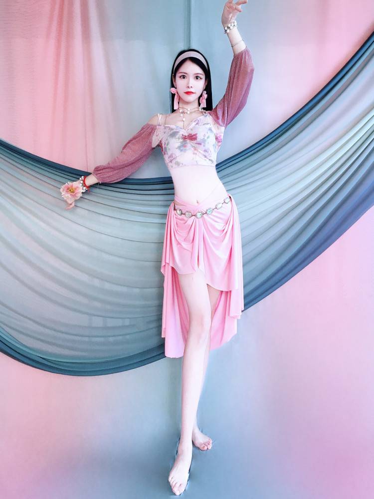 Belly Dance Own Shoulder Printing Top Court Palace Dance Practice Sexy Long Skirt Set Performance Training Group Server