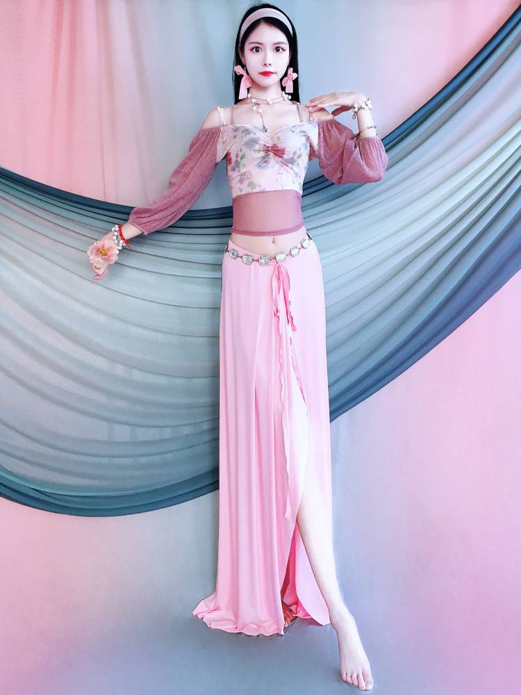 Belly Dance Own Shoulder Printing Top Court Palace Dance Practice Sexy Long Skirt Set Performance Training Group Server