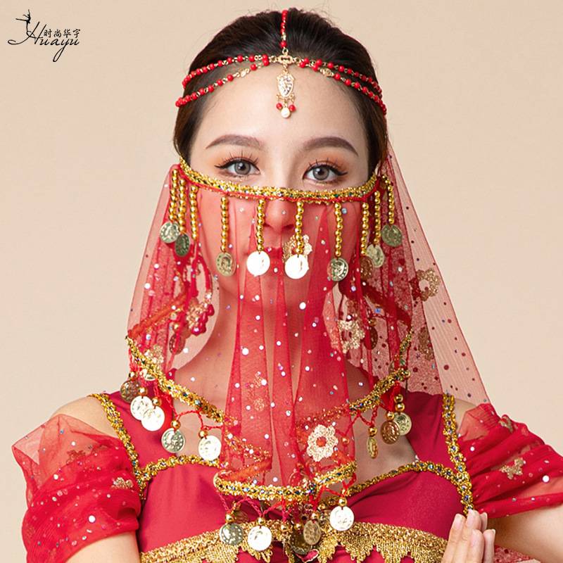 Halloween original belly dance noodle yarn oriental dance gauze ancient style Han clothing female bead veil mask dance scarf