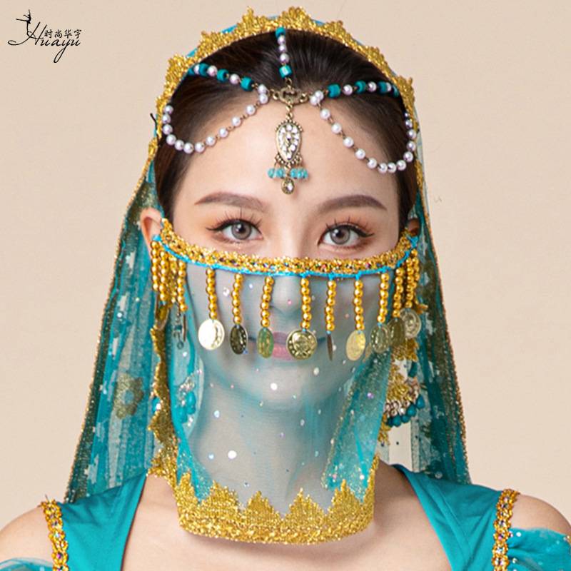 Halloween original belly dance noodle yarn oriental dance gauze ancient style Han clothing female bead veil mask dance scarf