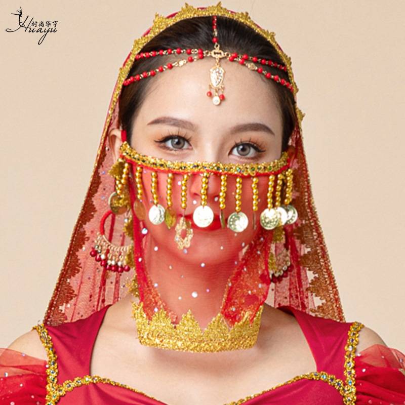Halloween original belly dance noodle yarn oriental dance gauze ancient style Han clothing female bead veil mask dance scarf