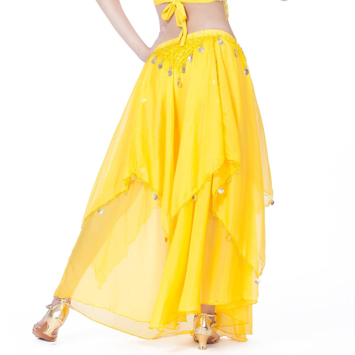 Belly dance skirt suit suit practice skirt performance dress performance long skirt comes with waist chain hanging coin long yarn skirt