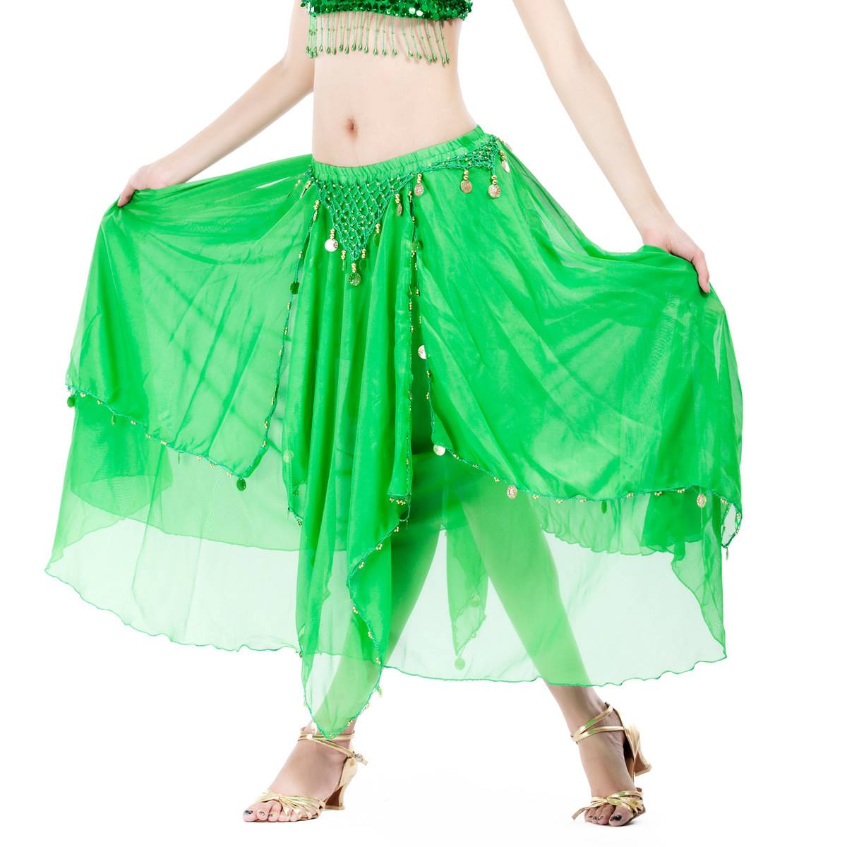 Belly dance skirt suit suit practice skirt performance dress performance long skirt comes with waist chain hanging coin long yarn skirt