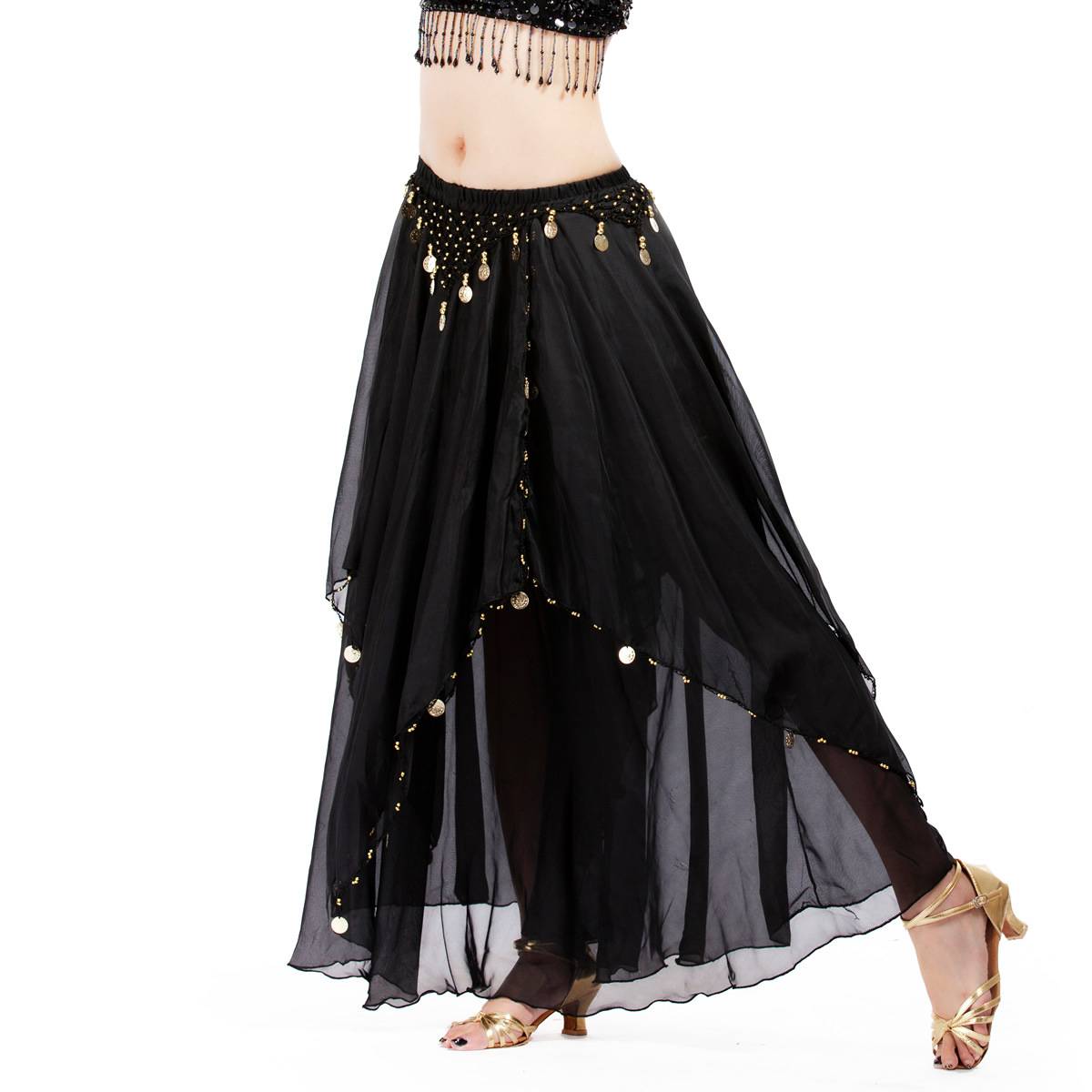 Belly dance skirt suit suit practice skirt performance dress performance long skirt comes with waist chain hanging coin long yarn skirt