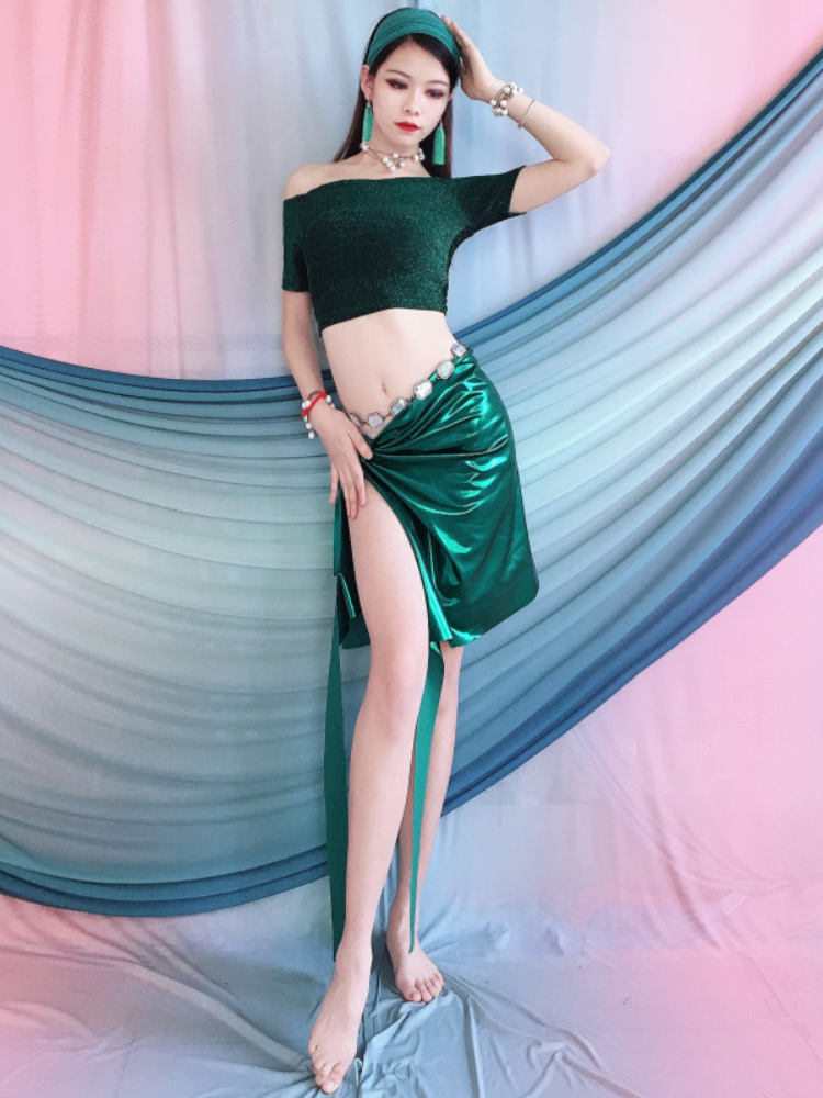 Belly dance exercise service 2024 summer new beginner Oriental dance exercise service sexy green set hip towel girl