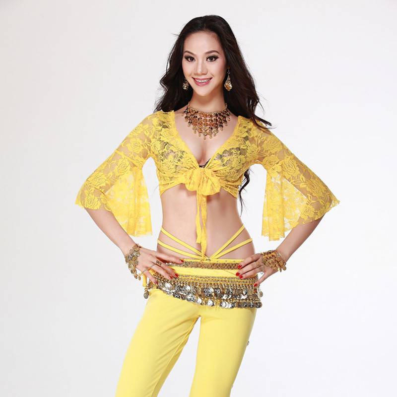 Belly dance lace top butterfly sleeve dance on the top seven -point sleeve Indian dance empty flower oriental dance exercise top