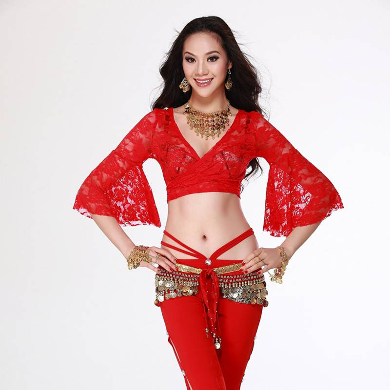 Belly dance lace top butterfly sleeve dance on the top seven -point sleeve Indian dance empty flower oriental dance exercise top