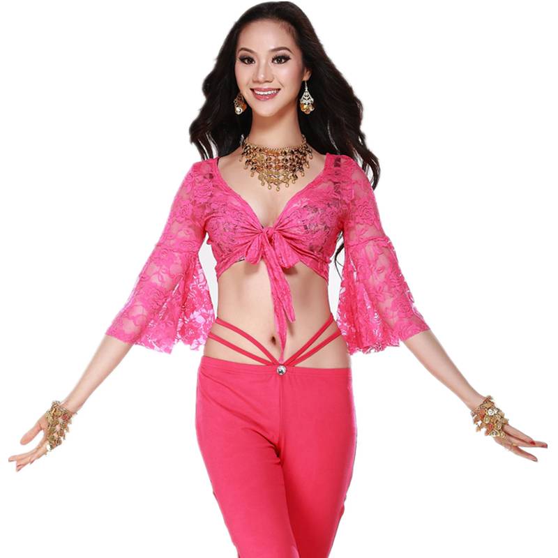 Belly dance lace top butterfly sleeve dance on the top seven -point sleeve Indian dance empty flower oriental dance exercise top