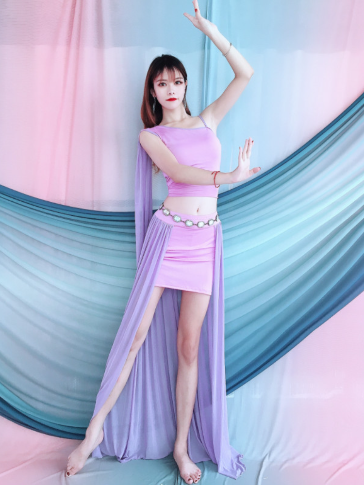 Baiya Qianhui 2024 Summer New Belly Dance Performance Service Discipline Light Purple Lace Long Skirt Set