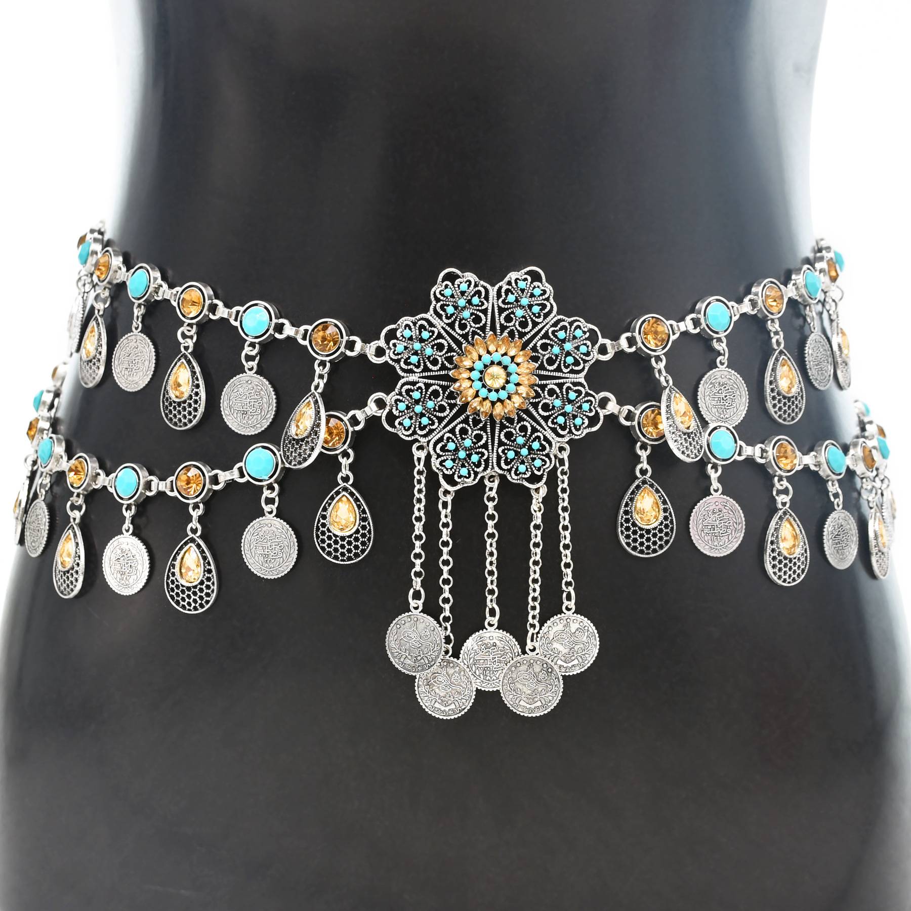 New Dunhuang national wind photo metal leisure belly dance waist chain rhinestone and exquisite belt jewelry