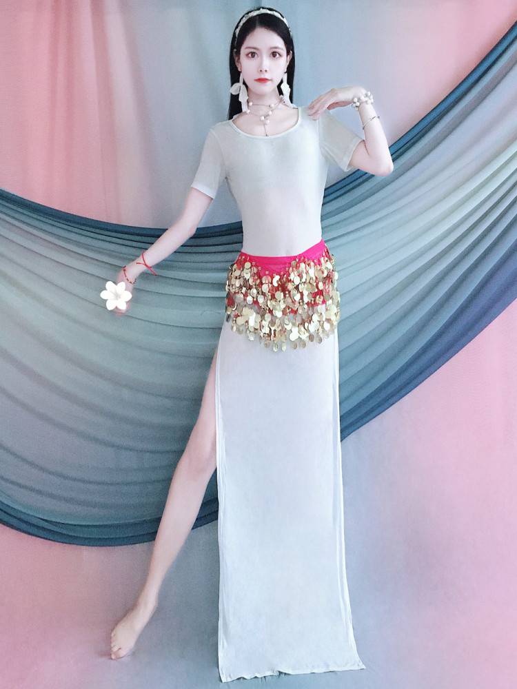 Spring and summer new belly dance practice clothes white open -back dress robe, oriental dance exercise, junior scholar children, children and children