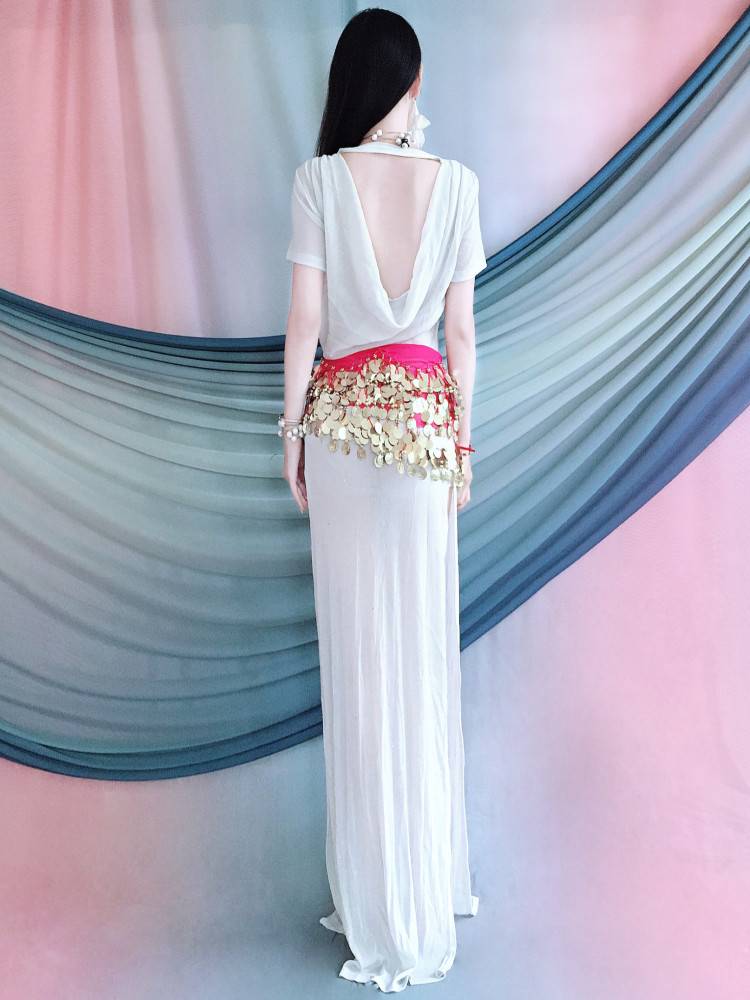 Spring and summer new belly dance practice clothes white open -back dress robe, oriental dance exercise, junior scholar children, children and children