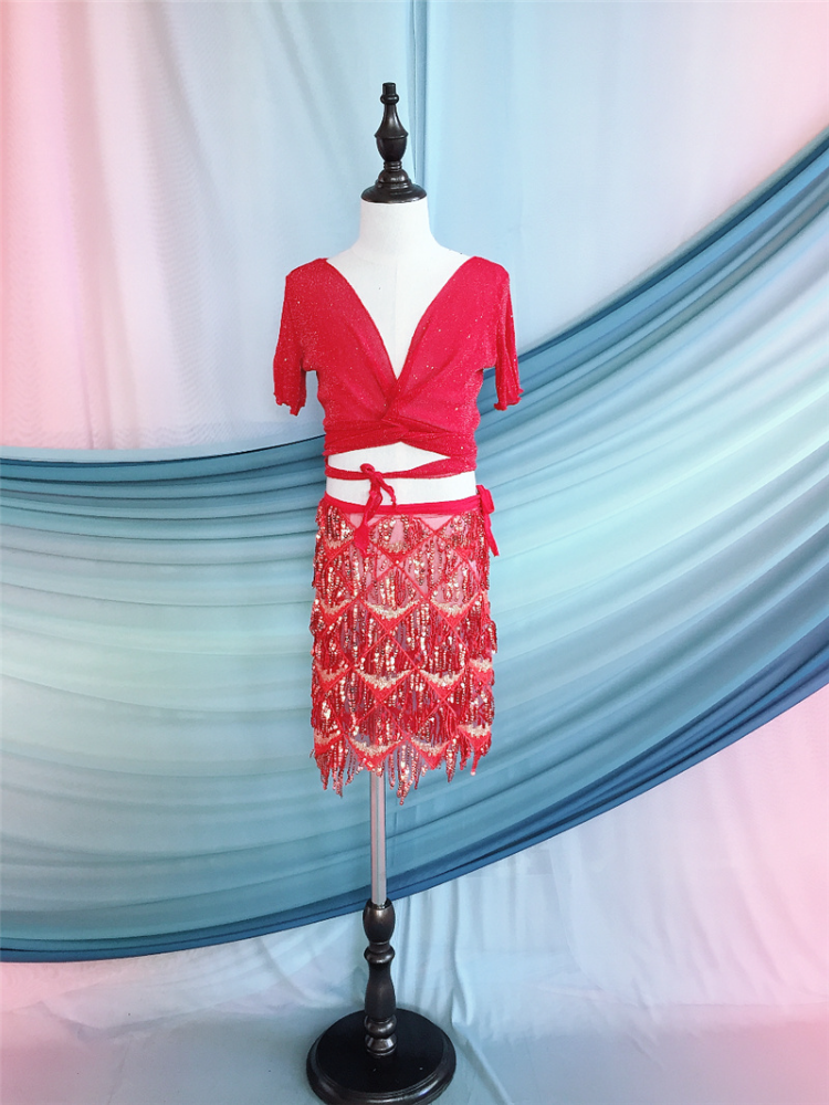 Baiya Qianhui New Children's Belly Dance Dance Practice Services Summer Short -sleeved Stupid Skirt Set Children's Performance Services