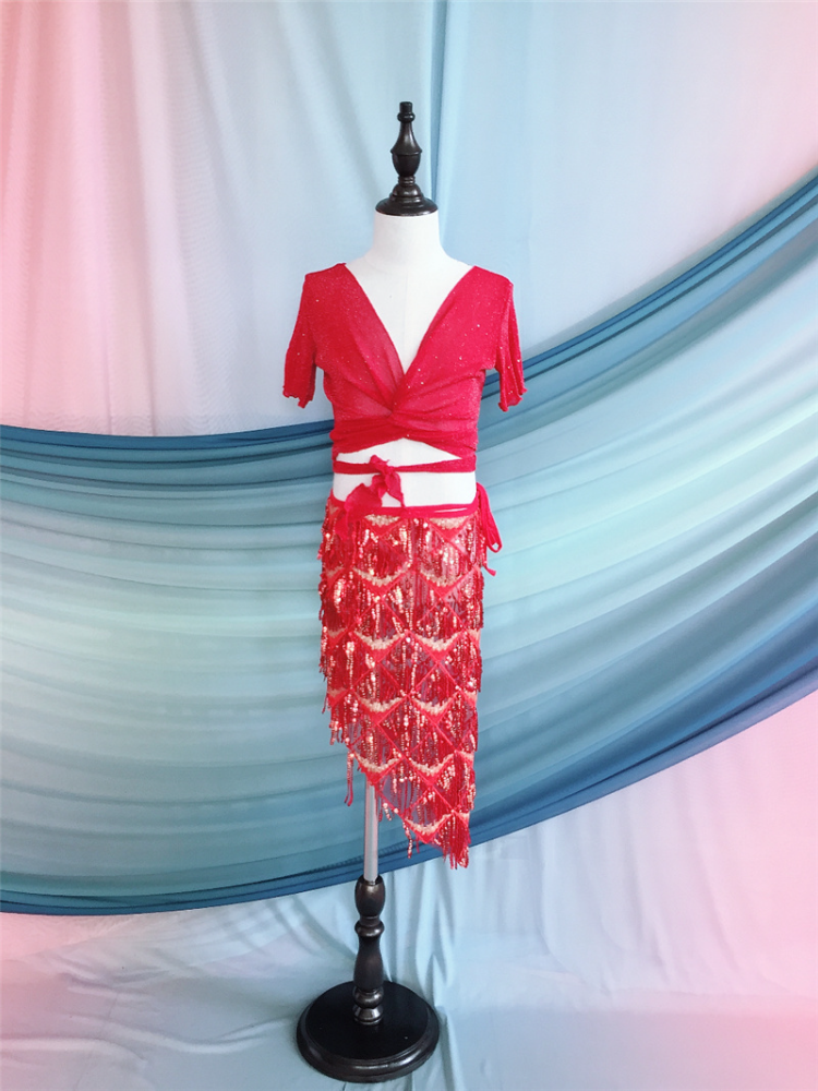 Baiya Qianhui New Children's Belly Dance Dance Practice Services Summer Short -sleeved Stupid Skirt Set Children's Performance Services