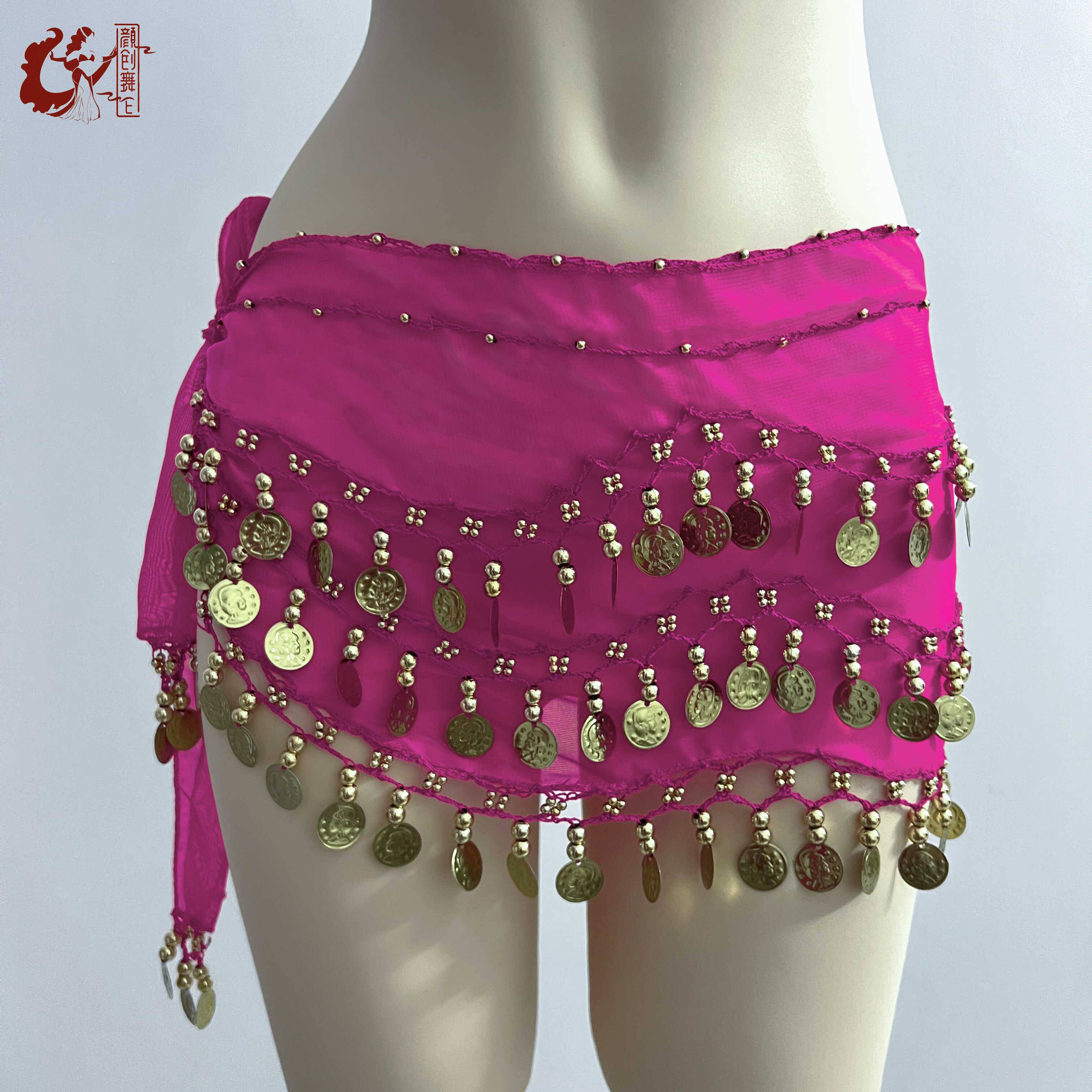 Belly dance waist chain new 2024 chiffon three -layer hanging coin hip towel belly dance belt accessories 128 coins