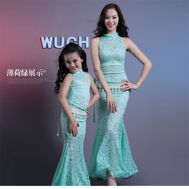 Dance posture Children's belly dance practice service new lace bag hip fishtail skirt Oriental dance performance suit