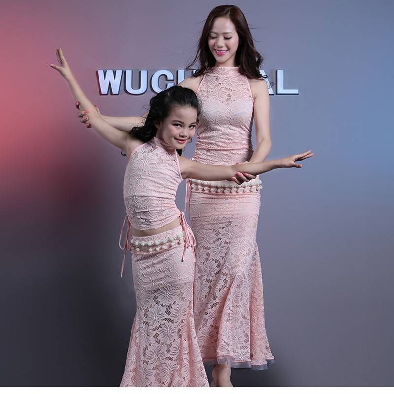 Dance posture Children's belly dance practice service new lace bag hip fishtail skirt Oriental dance performance suit
