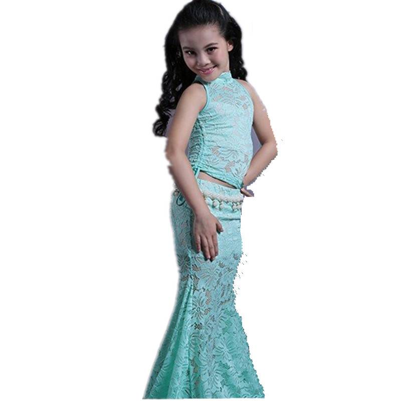Dance posture Children's belly dance practice service new lace bag hip fishtail skirt Oriental dance performance suit