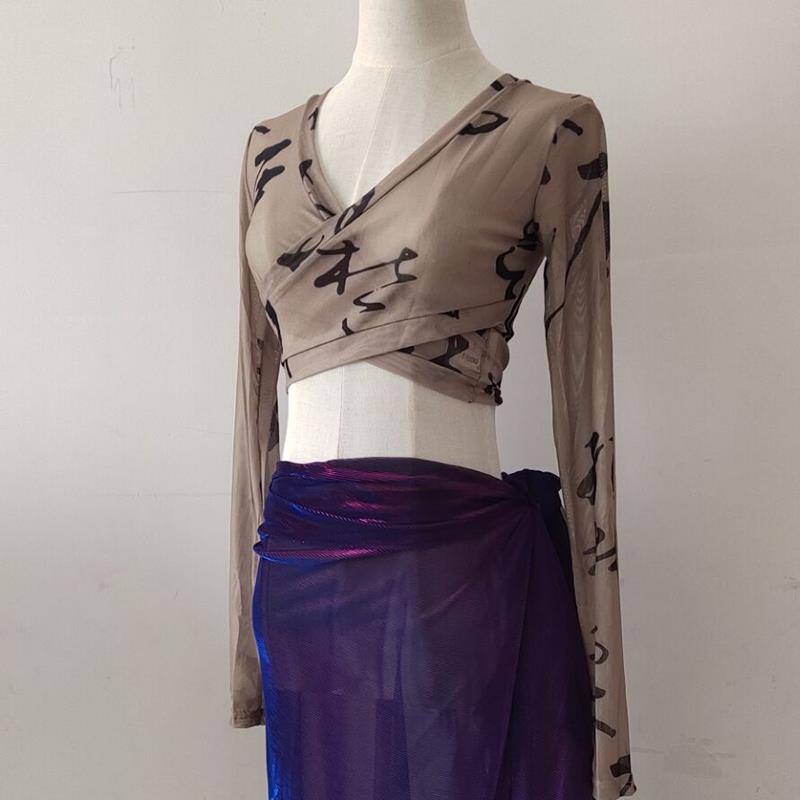 202 Masters Master Xia Belly Dance Taps Long -sleeved Female Practice Nets Printing Chinese Dance Cwusey Wrapped Clothing