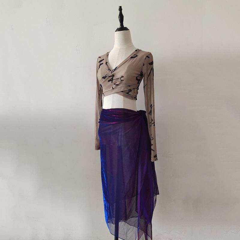 202 Masters Master Xia Belly Dance Taps Long -sleeved Female Practice Nets Printing Chinese Dance Cwusey Wrapped Clothing