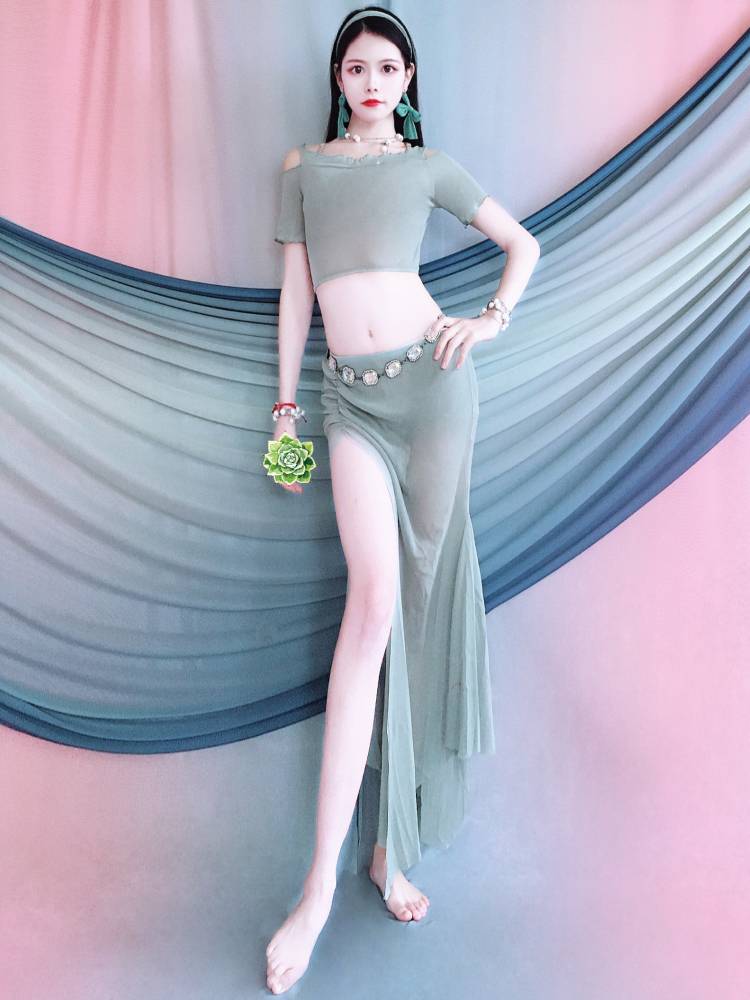 Belly Dance Clothing 2024 Summer New Practice Server Oks shoulder top long skirt suite adult Oriental dance performance clothing