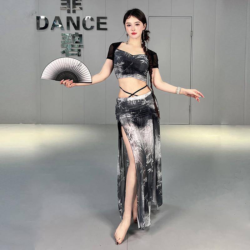 2024 new spring and summer belly dance exercise, oriental dance exercise performance, clothing printing net yarn split skirt