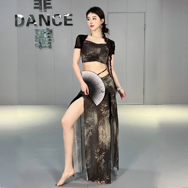 2024 new spring and summer belly dance exercise, oriental dance exercise performance, clothing printing net yarn split skirt