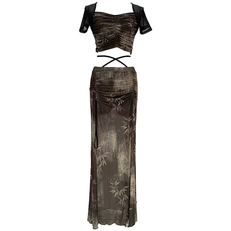 2024 new spring and summer belly dance exercise, oriental dance exercise performance, clothing printing net yarn split skirt