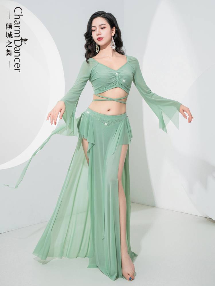 Qingcheng Dance Belly Dance Clothing 2024 Spring and Summer New Long -sleeved Practice Service Fairy Lotus Leaf Ribbon Practice Class