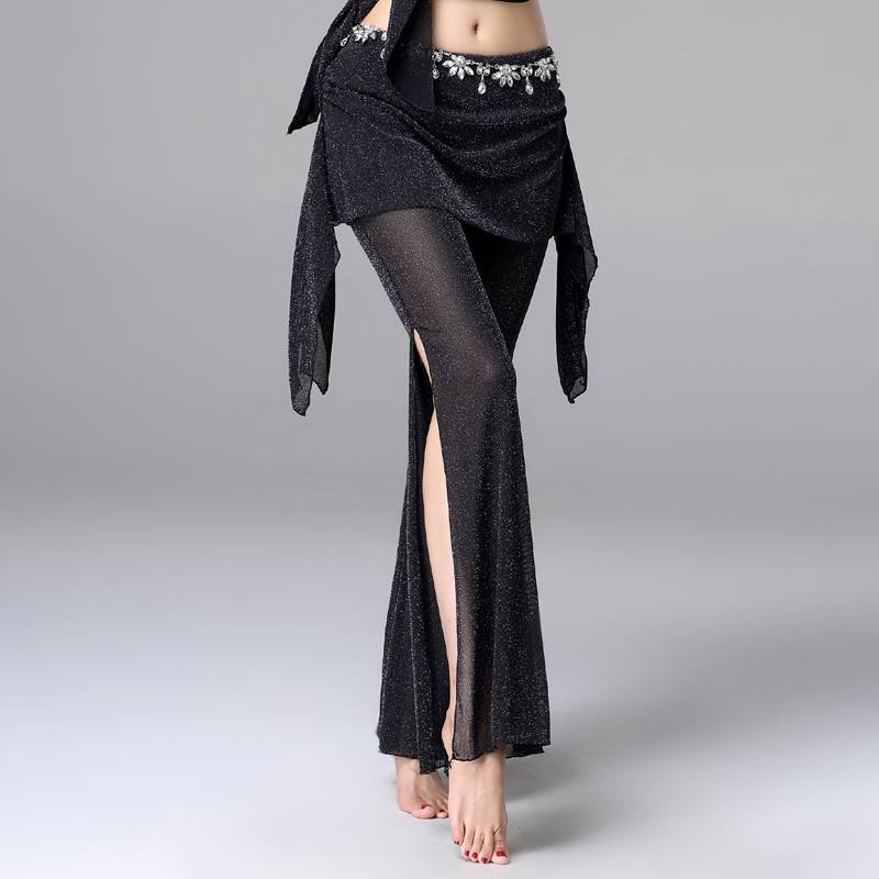 Belly dance pants 2024 new spring and autumn under silver silk flared pants wide -leg pants black large size skirt practice