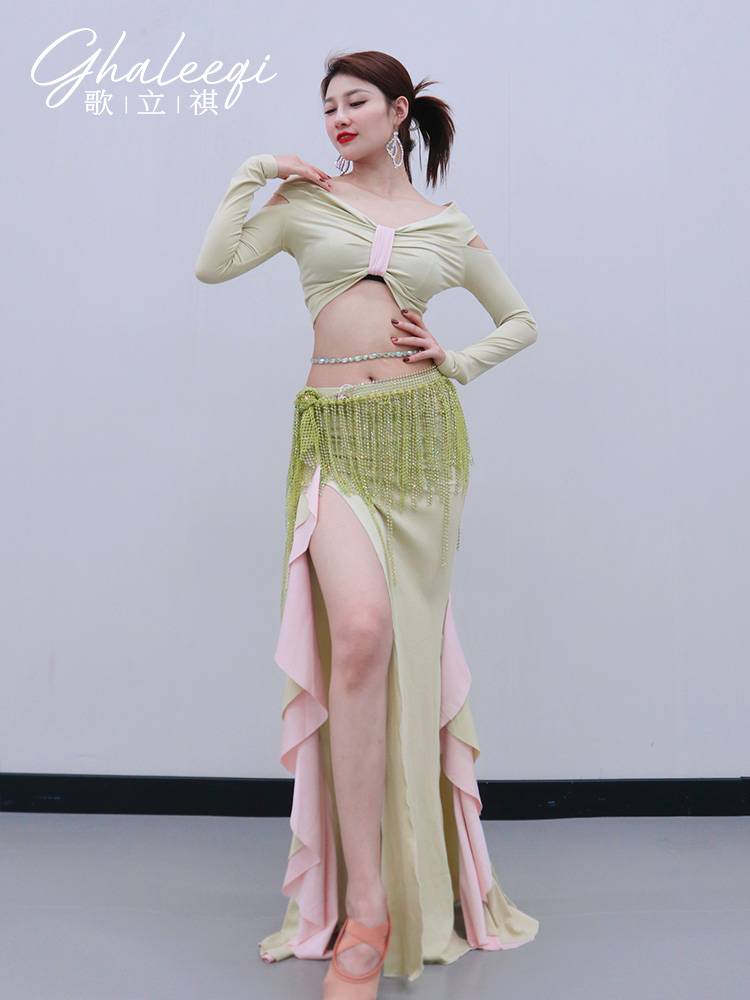 Ge Qiqi Belly Dance Practice Fun Deloors Long -sleeved Worch -leaf Skirt Sexy Set Women Dance Training Performance Service