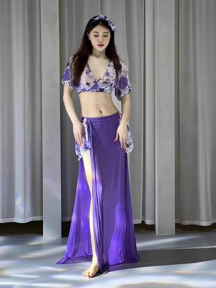Dancer original niche design 2024 new spring printing net yarn training service belly dance clothing suit