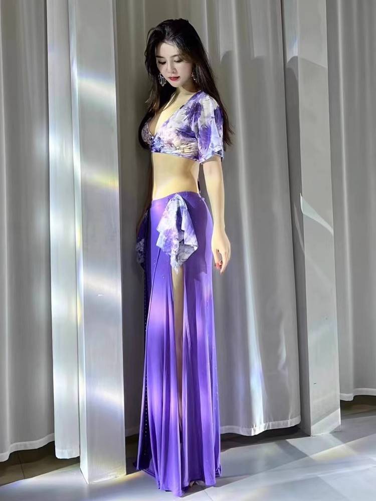 Dancer original niche design 2024 new spring printing net yarn training service belly dance clothing suit