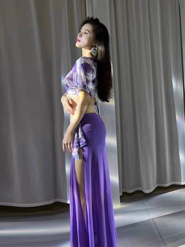 Dancer original niche design 2024 new spring printing net yarn training service belly dance clothing suit