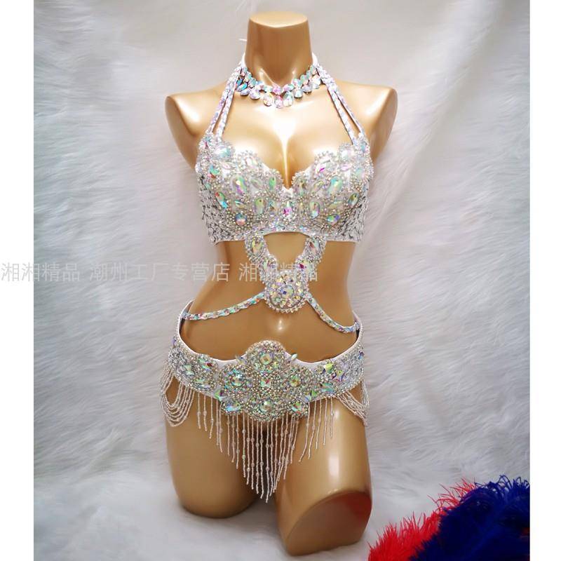 Catwalk show sexy belly dance performance sequins Oriental performance clothing set high -end finished clothing female
