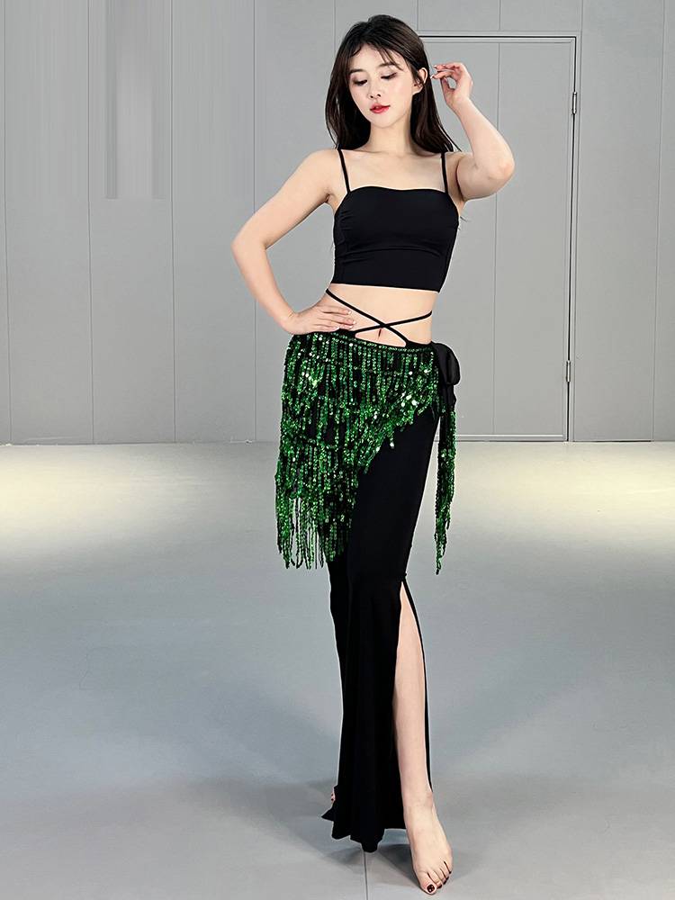 Belly dance hip scarf 2024 new practice clothing female watch performs semicircular waist towel Liu Su sequins Oriental dance waist chain