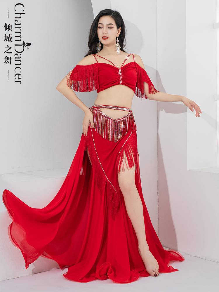 The dance of the city is originally a belly dance light luxury exercise suit set high waist hollow hot drilling flow Su Simple performance suit