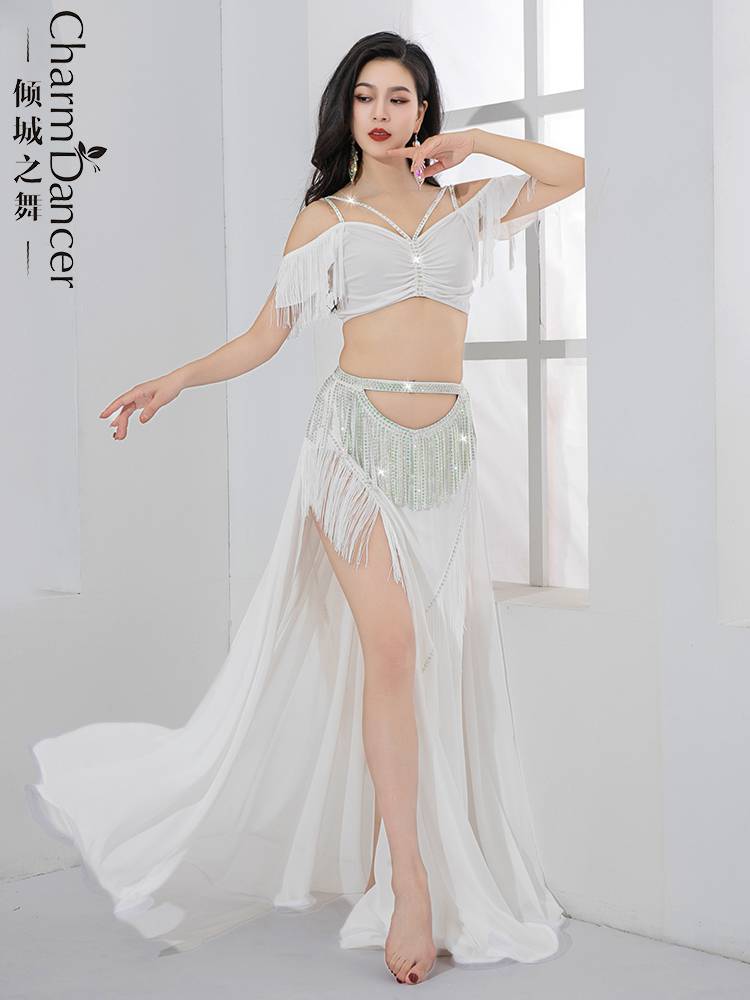 The dance of the city is originally a belly dance light luxury exercise suit set high waist hollow hot drilling flow Su Simple performance suit