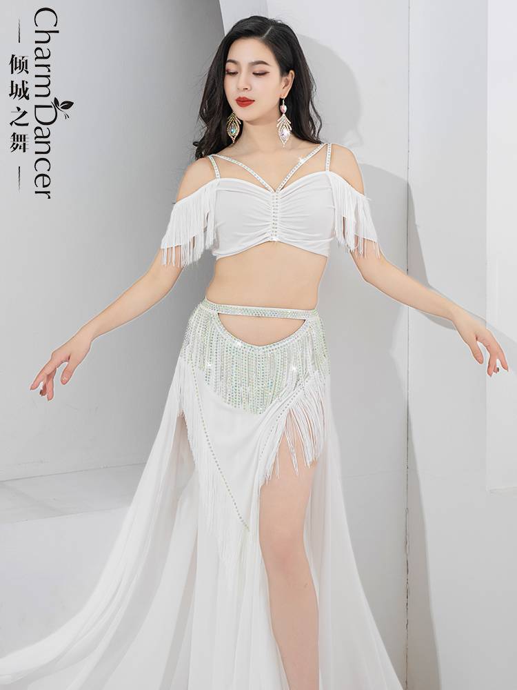 The dance of the city is originally a belly dance light luxury exercise suit set high waist hollow hot drilling flow Su Simple performance suit