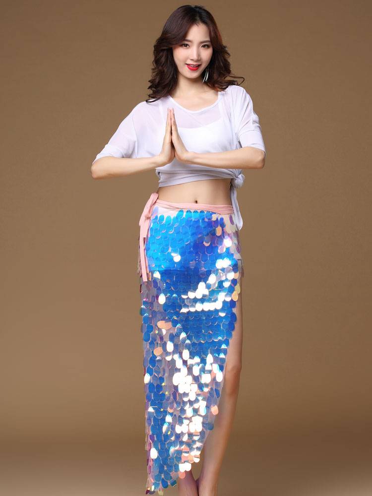 2024 New Belly Dance Practice Set Hip Scarf Skirt Performing Female clothes Sequenant Fairy Practice Long Skirt