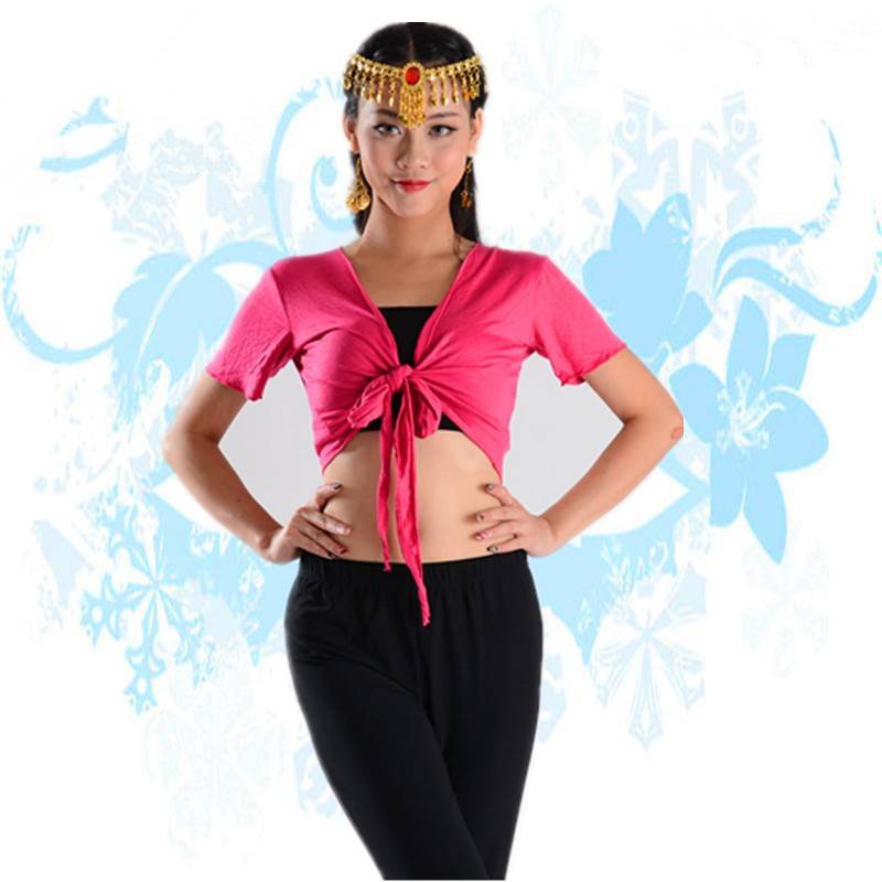 Belly dance silk light cotton top dance practice clothes strap, breathable knot training service on the short -sleeved dancing top