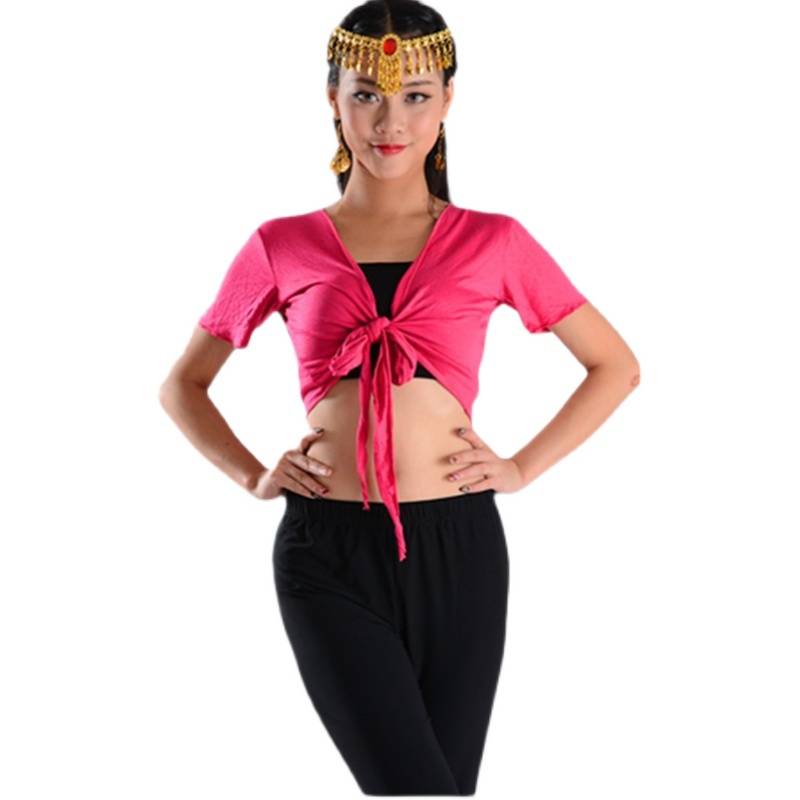 Belly dance silk light cotton top dance practice clothes strap, breathable knot training service on the short -sleeved dancing top