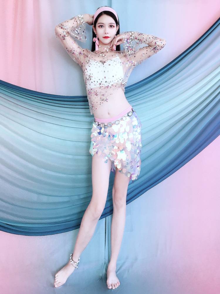 Belly dance hip scarf sexy sequins, waist scarf new Oriental dance exercise, bag hip skirt, embroidered top suit