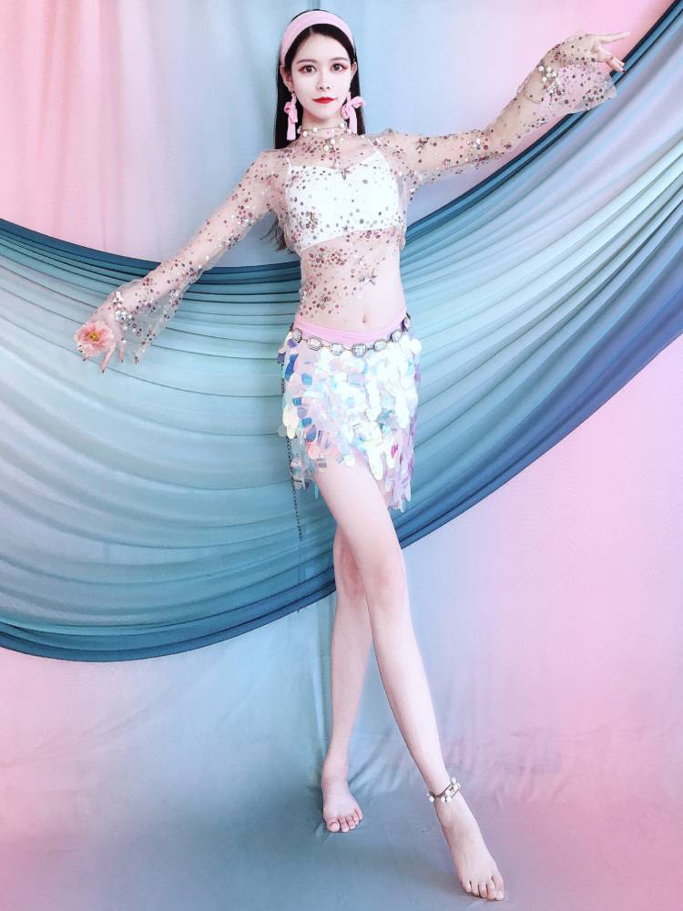 Belly dance hip scarf sexy sequins, waist scarf new Oriental dance exercise, bag hip skirt, embroidered top suit