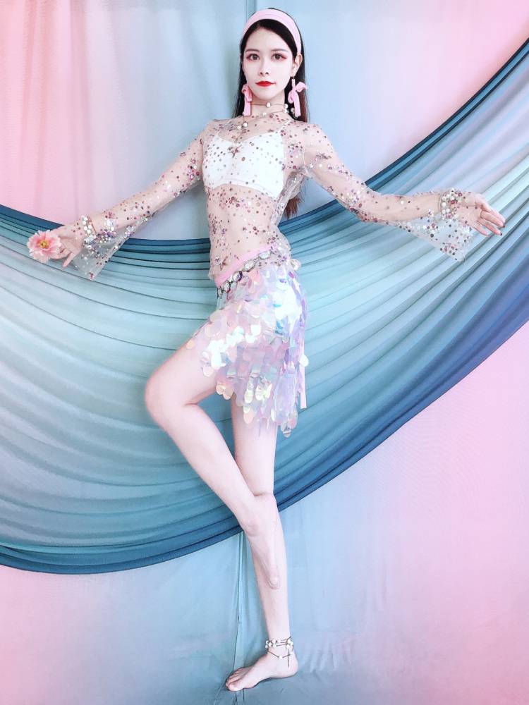 Belly dance hip scarf sexy sequins, waist scarf new Oriental dance exercise, bag hip skirt, embroidered top suit