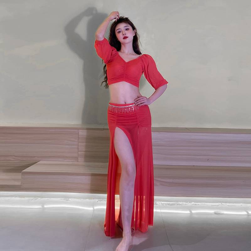 2024 new large size belly dance training suit sexy net yarn split skirt shows thin lantern sleeve top top