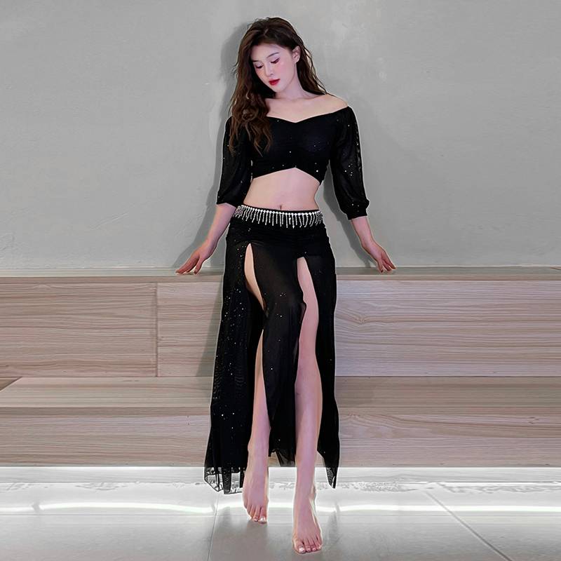 2024 new large size belly dance training suit sexy net yarn split skirt shows thin lantern sleeve top top