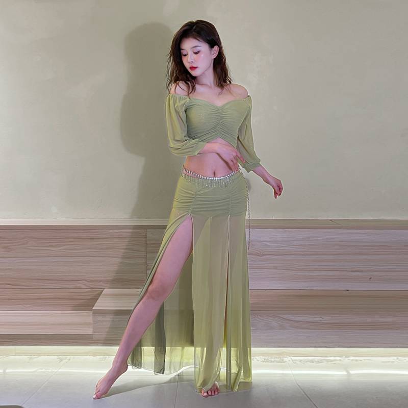 2024 new large size belly dance training suit sexy net yarn split skirt shows thin lantern sleeve top top