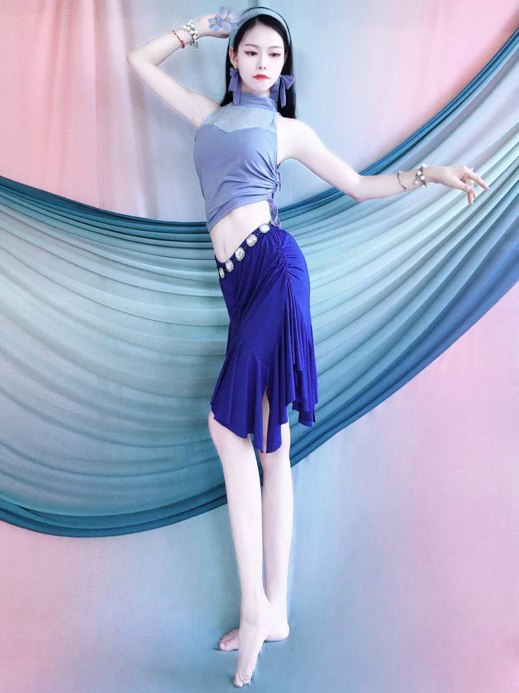 New belly dance practice clothing blue sleeveless top ruffled ruffled irregular short skirt dance exercise performance